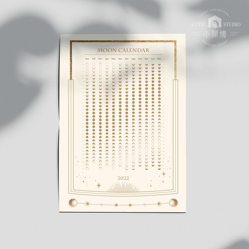 2022 White Moon Calendar Lunar Calenda Moon Phases Chart Etsy