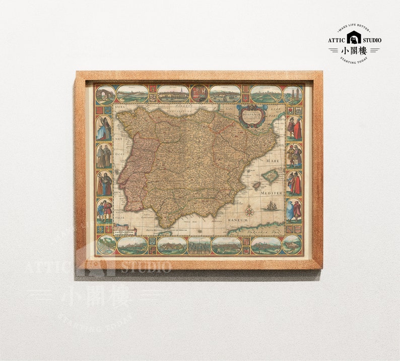 Old Map of Spain & Portugal, 1659 by Jan Jansson, Framed Canvas Map, Vintage Old Map, Wall Map Poster Print, Old Map wallart image 1