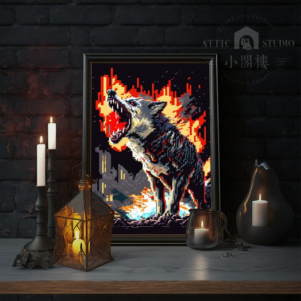 Pixel series - Angry Wolf Roaring 16bit classic video game Monster- Vintage Poster Print/ Halloween Homedecor/Picture/Walldecor/ 80s wallart