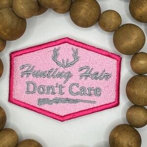 Hunting Hair Don’t Care patch, circle patch, iron-on patch, patches for hats, trucker hat patches, embroidered patch, Hunting patch