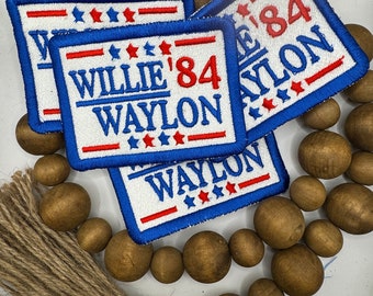 Willie & Waylon 84 patch, iron-on patch, patches for hats, trucker hat patches, embroidered patch, blue and red patch, rectangle patch