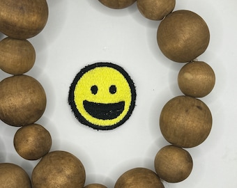 Happy face emoji patch, black and yellow patch, iron-on patch, patches for hats, trucker hat patches, embroidered patch