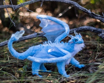 Posable crystal ice dragon art doll, ooak plushie, fantasy creature, animal art doll, cute fluffy winged dragon.