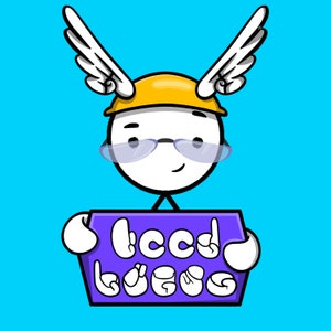 May include: A cartoon character with wings, a yellow helmet, and glasses holds a purple sign that says "Good Bugs".