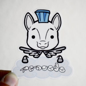 May include: A white cartoon unicorn with blue wings and a blue crown, with the word "Pegasus" written in cursive below it.