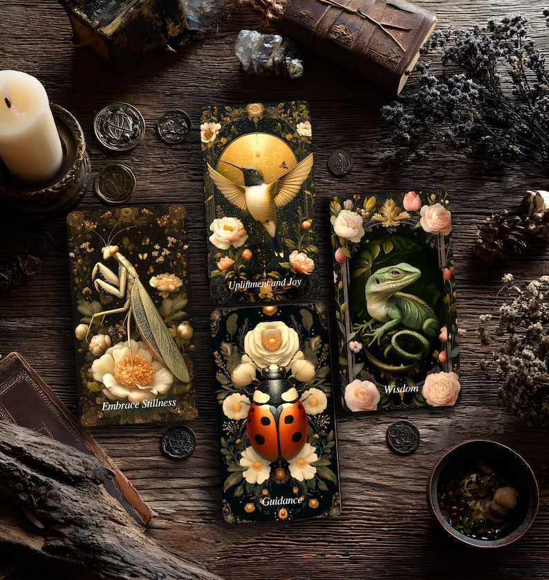 Op de afbeelding: Vier rechthoekige orakelkaarten met natuurillustraties. E&eacute;n kaart toont een bidsprinkhaan met de tekst Embrace Stillness, &eacute;&eacute;n een kolibrie met Upliftment and Joy, &eacute;&eacute;n een hagedis met Wisdom en &eacute;&eacute;n een lieveheersbeestje met de tekst Guidance.