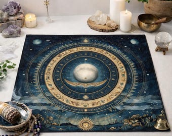 May include: A dark blue and gold celestial altar cloth with a central moon design, surrounded by zodiac symbols and celestial elements. The rectangular cloth has a detailed, artistic design, ideal for spiritual practices and rituals.