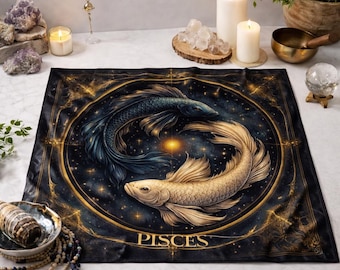 May include: A black and gold Pisces tapestry featuring two stylized fish in a circular design. The fish are a dark blue and gold colour, set against a starry night sky. The word "PISCES" is printed in gold.