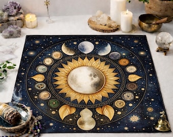 May include: A dark blue celestial mat with a central moon, golden sunburst, and moon phases. The design incorporates stars, leaves, and other celestial elements. The mat is likely used for spiritual practices, with measurements in centimeters.