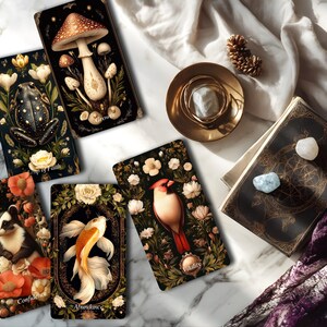 Op de afbeelding: Een verzameling van vijf rechthoekige tarotkaarten met illustraties van een kikker, paddenstoelen, een das, een koikarper en een kardinaalvogel, samen met een kaartspel, een kleine gouden kom met ringen en twee kleine witte stenen.