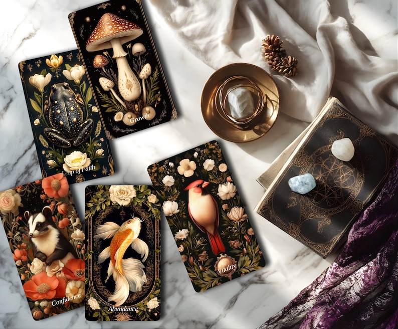 Op de afbeelding: Een verzameling van vijf rechthoekige tarotkaarten met illustraties van een kikker, paddenstoelen, een das, een koikarper en een kardinaalvogel, samen met een kaartspel, een kleine gouden kom met ringen en twee kleine witte stenen.