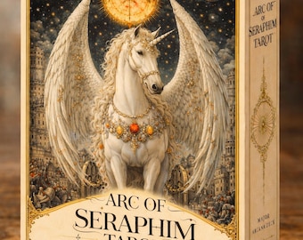 Op de afbeelding: Een rechthoekige doos voor het Arc of Seraphim Tarot Major Arcana Deck Collector Edition. De voorkant toont een witte eenhoorn met grote vleugels, een gouden hoorn en een ketting met edelstenen tegen een sterrenhemel met twee manen.