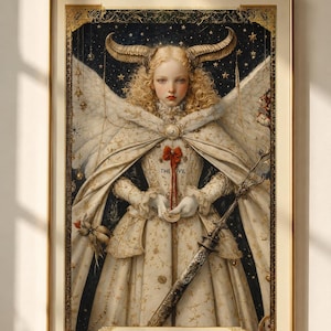 May include: A framed wall art print depicting a figure with horns and large white wings, wearing a cream-colored gown with gold floral patterns and a red bow. The figure holds a staff, and the text THE DEVIL is printed at the bottom of the image.