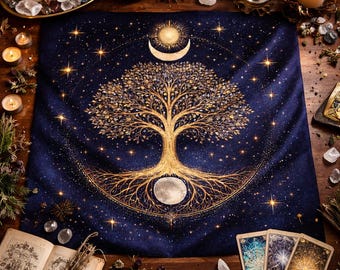 May include: A dark blue tapestry with a golden tree of life design, a crescent moon, and stars. The tree's roots and branches are intricately detailed. Candles, crystals, and tarot cards surround the tapestry, creating a mystical aesthetic.