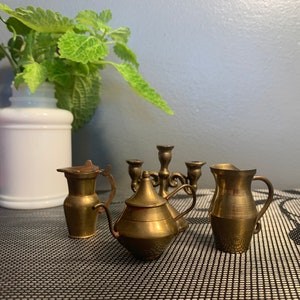 Vintage Mini Candlestick, Two Pitchers and Teapot Pure Brass Figurines/Knick Knacks