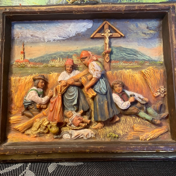 Vintage Religious Wax Wall Art Gunter Kerzen Western Germany Country Landscape Peasant Peasants In Field W/Cross