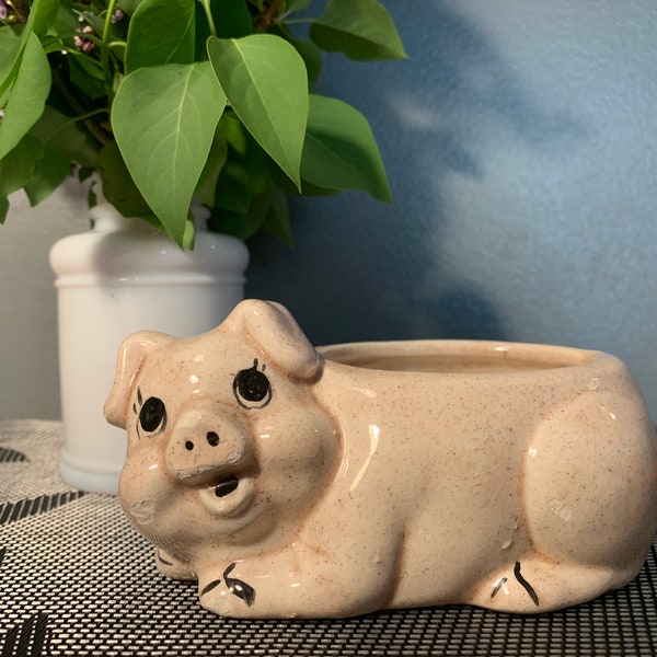 Vintage Ceramic Smiling Pig Planter/Trinket Dish Farmhouse Decoration-SEE DESCRIPTION