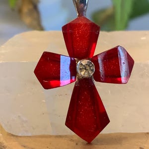 Vintage Red Beaded Rhinestone Silver Tone Cross/Crucifix Pendant. Please read the description