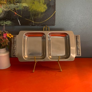 Vintage Stainless Steel Serving Relish Tray, Two Bowl Divider Holloware 2-Section Server-Made in Japan
