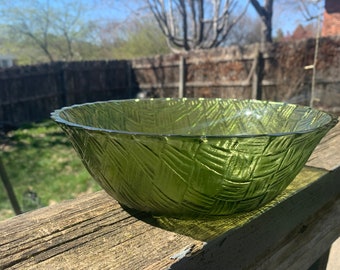 Vintage Indiana Glass Green Weavetex Basketweave Design Fruit Bowl-PLEASE READ DESCRIPTION