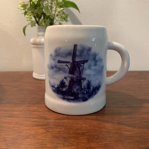 Vintage Ceramic Blue Delft Windmill Mug Hand Decorated in Holland-1984