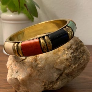 Vintage Brass & Wood Inlay Bangle Bracelet. Please read the description.