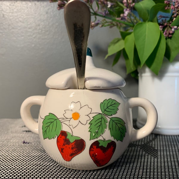Vintage Miniature Ceramic Strawberry Jam Jar Server With Lid and Spoon