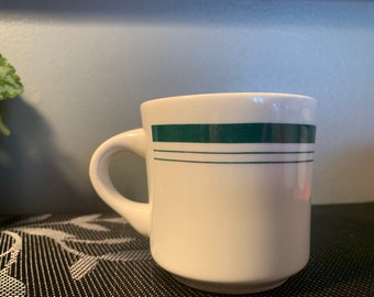 Vintage Ceramic Green and White restaurant mugs, set of 4-Made in Brazil-READ DESCRIPTION