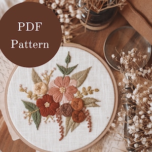 Op de afbeelding: Een PDF-patroon voor een bloemenstick-hoepelkunstproject. Het ontwerp bevat een boeket van roze, rode en oranje bloemen met groene bladeren, geborduurd op een witte linnen stof.