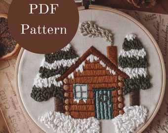 Embroidery Pattern - Hand Embroidery Pattern - Christmas Embroidery - Cabin in the Woods - DIY Embroidery Hoop - Beginner Embroidery Pattern