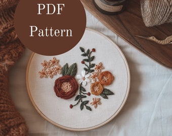 Embroidery Pattern - Hand Embroidery Pattern - Floral Embroidery - Flower Embroidery - DIY Embroidery Hoop - Beginner Embroidery Pattern