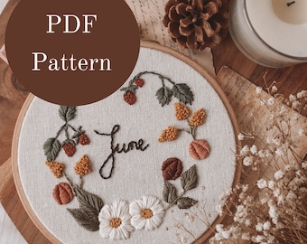 Embroidery Pattern - Hand Embroidery Pattern - Wreath Embroidery - June - DIY Embroidery Hoop - Beginner Embroidery Pattern