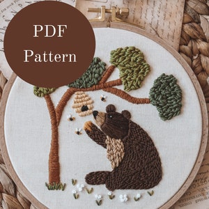 Embroidery Pattern - Hand Embroidery Pattern - Bear Embroidery - Honey Bear - Spring Embroidery - DIY Embroidery Hoop - Beginner Embroidery