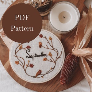 Embroidery Pattern - Hand Embroidery Pattern - Wreath Embroidery - September - DIY Embroidery Hoop - Beginner Embroidery Pattern