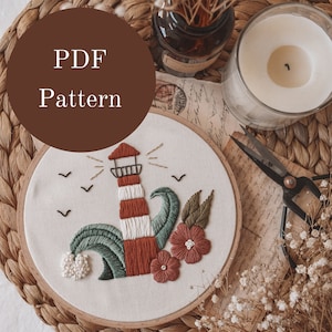 Embroidery Pattern - Hand Embroidery Pattern - Flower Botanical Embroidery - Lighthouse - DIY Embroidery Hoop - Beginner Embroidery