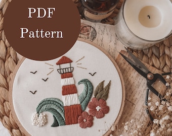 May include: A white embroidery hoop with a red and white lighthouse, green leaves, and pink flowers. The hoop is on a woven brown surface with a candle and a bottle.