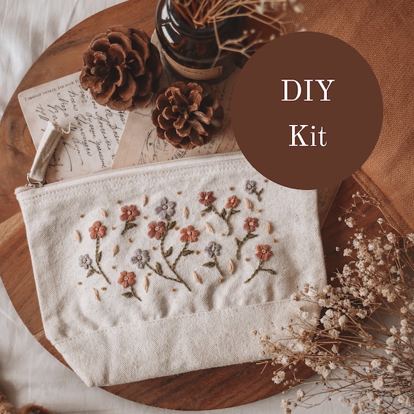 Embroidery Kit - Hand Embroidery DIY - Pouch Embroidery - Botanical - Flower Embroidery - DIY Embroidery Hoop - Beginner Embroidery Pattern