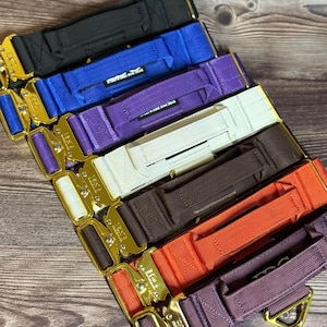 Puede incluir: Una colección de collares para perros en varios colores, incluyendo negro, azul, morado, blanco, marrón, naranja y burdeos. Cada collar tiene una hebilla de metal dorado y un asa. Los collares están dispuestos en diagonal.