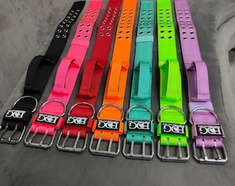 May include: Nine colorful dog collars with silver buckles. The collars are made of nylon webbing and have multiple rows of small holes. The collars are in the following colors: black, pink, red, orange, green, lime green, purple, and blue.