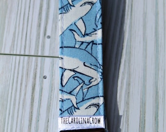 Shark keychain wristlet fabric key fob hand sewn key holder key rings gifts for him gifts for her ocean beach waves sea life sea life marine