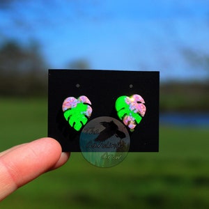 Pink princess monstera plant earrings monstera leaf jewelry leaf plant jewelry stainless steel studs glitter resin earrings summer earrings