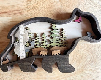 Cub Bear Family Wooden Layer Decoration: Rustic Mancave Decor