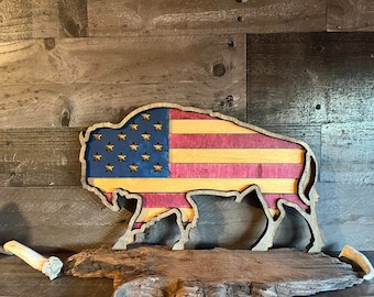 Handmade Layered Buffalo with American Flag Decor (15x9 in)