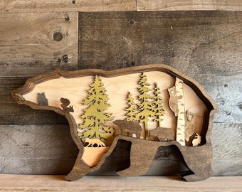 Personalized Wooden Bear Decor - Rustic 3D Art for a Cozy Home