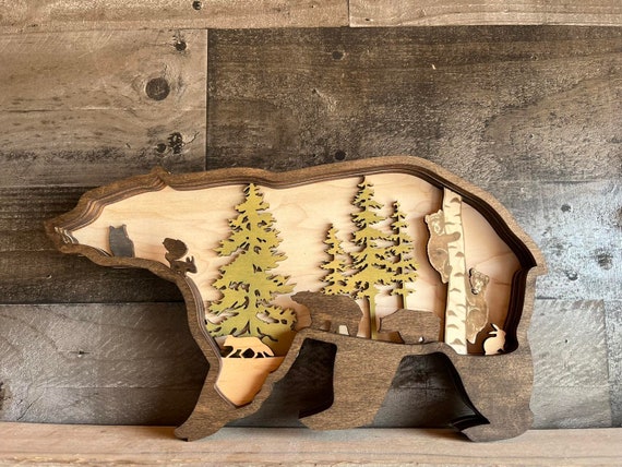 Personalized Wooden Bear Decor - Rustic 3D Art for a Cozy Home
