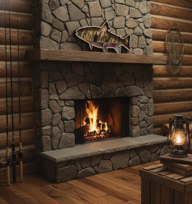 Handcrafted Wooden Trout Wall Art: Fly Fisherman Scene, Rustic Cabin ...