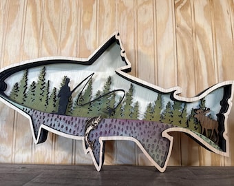 Handcrafted Wooden Trout Wall Art: Fly Fisherman Scene, Rustic Cabin Decor