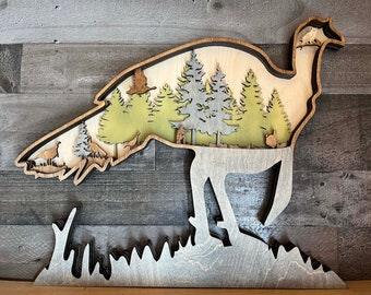 Handmade Wooden Turkey Hunt Scene: Rustic Man Cave Decor