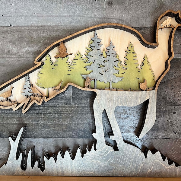 Handmade Wooden Turkey Hunt Scene: Rustic Man Cave Decor