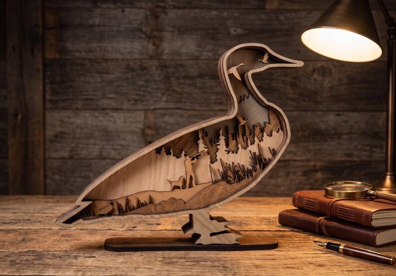 May include: A multi-layered wooden duck silhouette featuring a laser-cut scene of a hunter with a dog in a forest landscape. The interior cutout displays pine trees, tall grass, and flying ducks, all crafted from natural wood tones with varying depths.